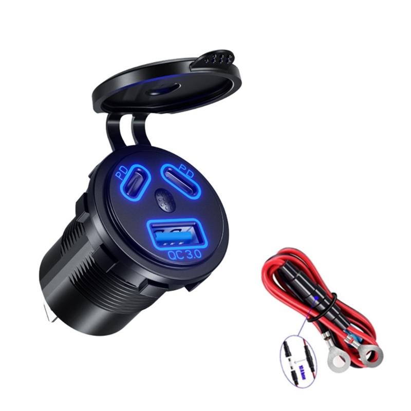 Double PD45W Fast Charging Car Charger Socket with LED Light Waterproof USB QC3.0 Charger Adapter for 12V/24V Car Boat