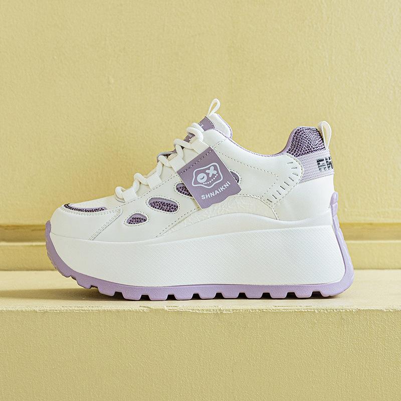 2025 Spring New 8cm Muffin Thick-soled Inner Height-increasing Rhinestone Women's Shoes Korean Version of Versatile Round Head Casual Little White
