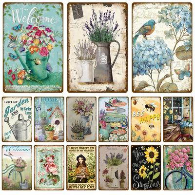 Letrero Retro Hogar Para Jardín Exterior Jardinería Flores Letrero de Metal Vintage Divertido Plantas Decoración de Pared Hogar Dulce Letrero de Lata Granja Pájaros