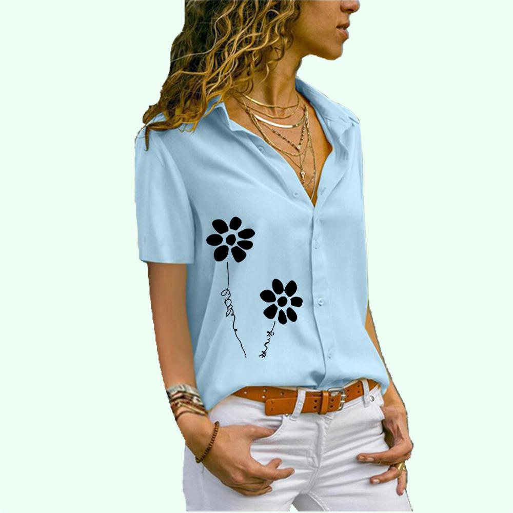 

Женская модная блузка с коротким рукавом, женская шифоновая рубашка с принтом на пуговицах 5XL светло-синий