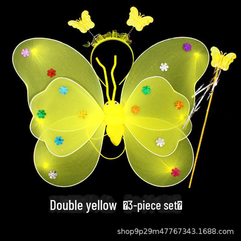 Children's Glow Angel Costume: Girl's Gauze Skirt with Flashing Wings and 20-Light Butterfly Design, 3-Piece Set.
