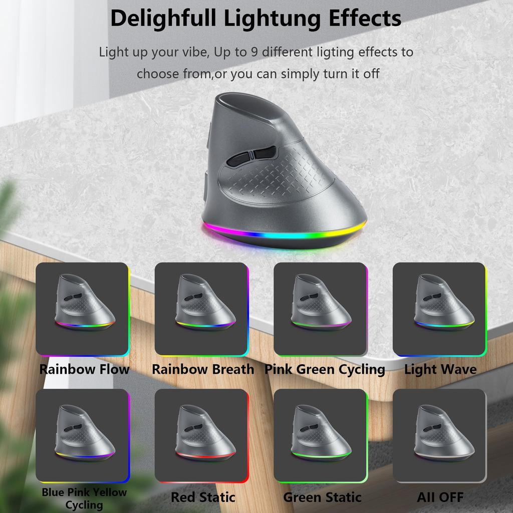 USB Wireless Bluetooth Rechargeable Vertical 7 Vertical Compatible with iOS 13 and and Microsoft Gray 2.4GHz 5.1 Mouse, Quiet, Buttons, Ergonomic,
