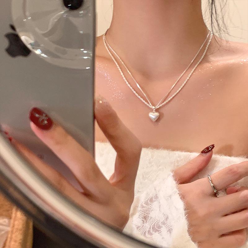Frosted Bright Silver Brushed Love Necklace Double-Layer Chain Solid Three-Dimensional Peach Heart Collarbone Chain