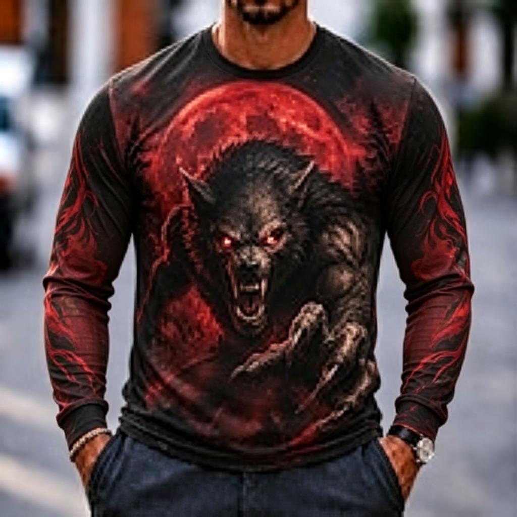 Men's Long Sleeve T-Shirt Werewolf Full Moon 3D Print Gothic Horror Crew Neck Casual Top