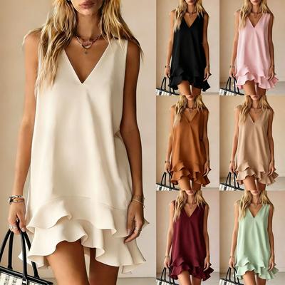 New Trendy Viral V-Neck Sleeveless Loose Ruffled Hem Dress
