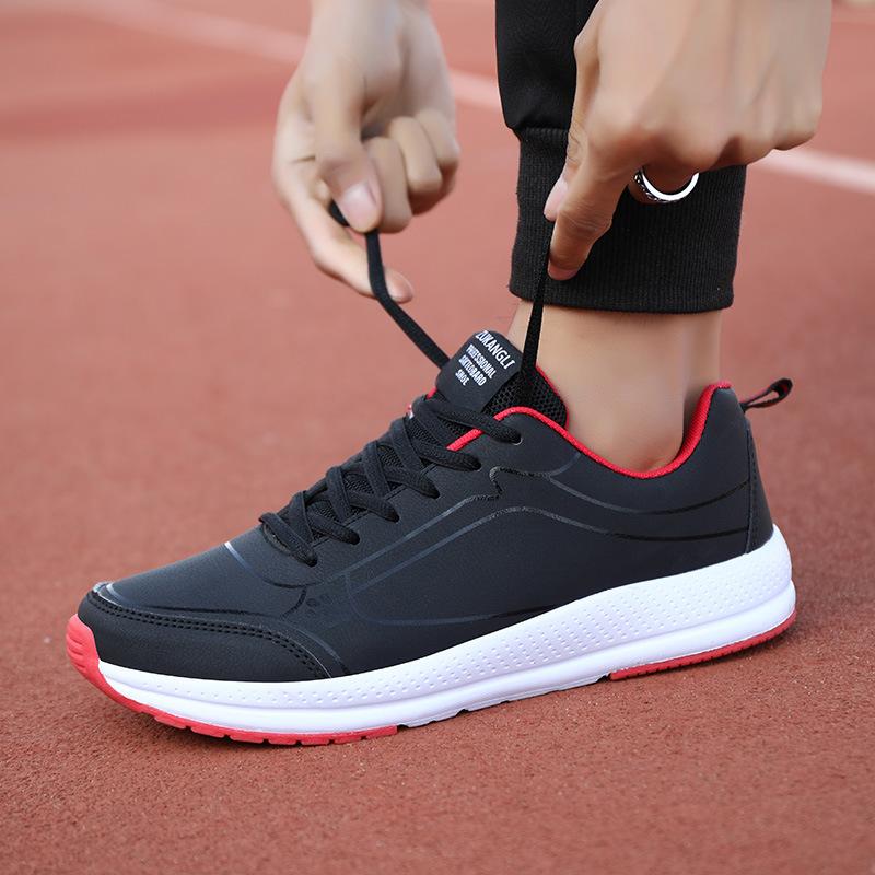 Foreign Trade Autumn and Winter Sports Shoes Men's Black Leather Waterproof and Lightweight Shock-absorbing Running Shoes Casual Soft-soled Travel Sh
