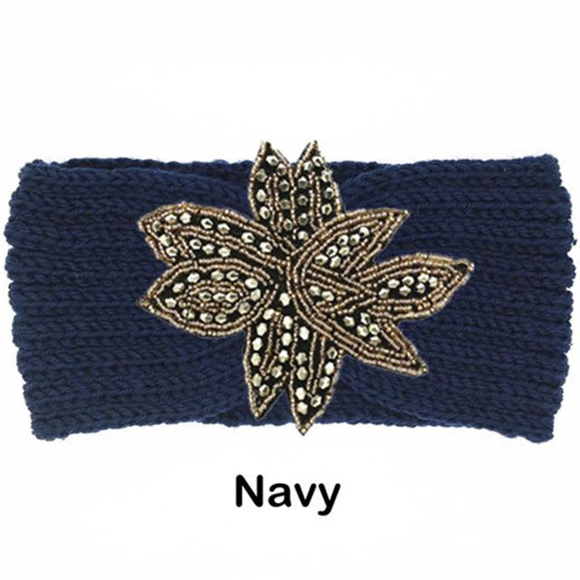 Crystal Beaded Flower Knit Headband For Women Winter Wool Ear Warmer Hairband Turban Headwrap Hair Accessories Bandeau