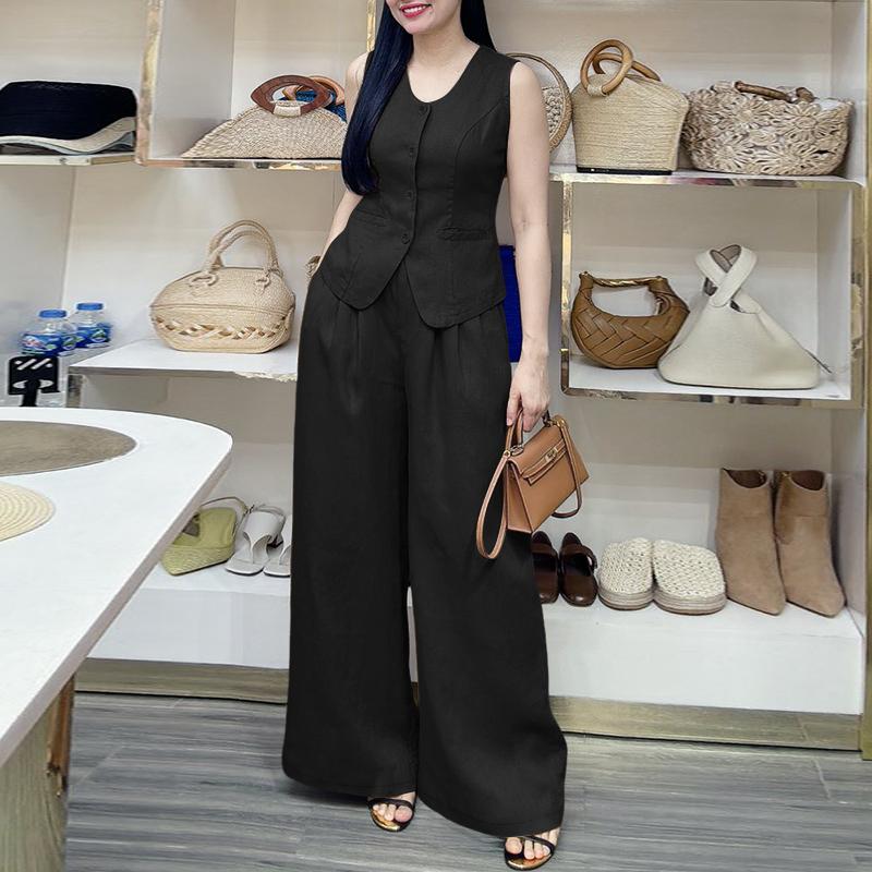 

ZANZEA Women Sleeveless Vest Tops and Pants Casual Two Piece Suit Sets 2XL чорний