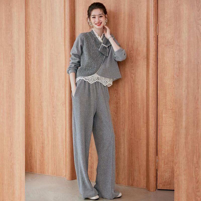 Женский костюм-двойка: топ с кружевом и бусинами и брюки M