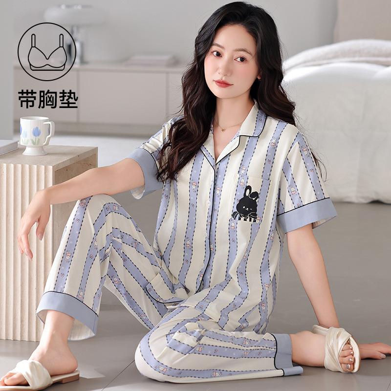 Pajamas with chest pads women's summer thin cotton short-sleeved trousers large size casual relaxation cardigan loungewear set