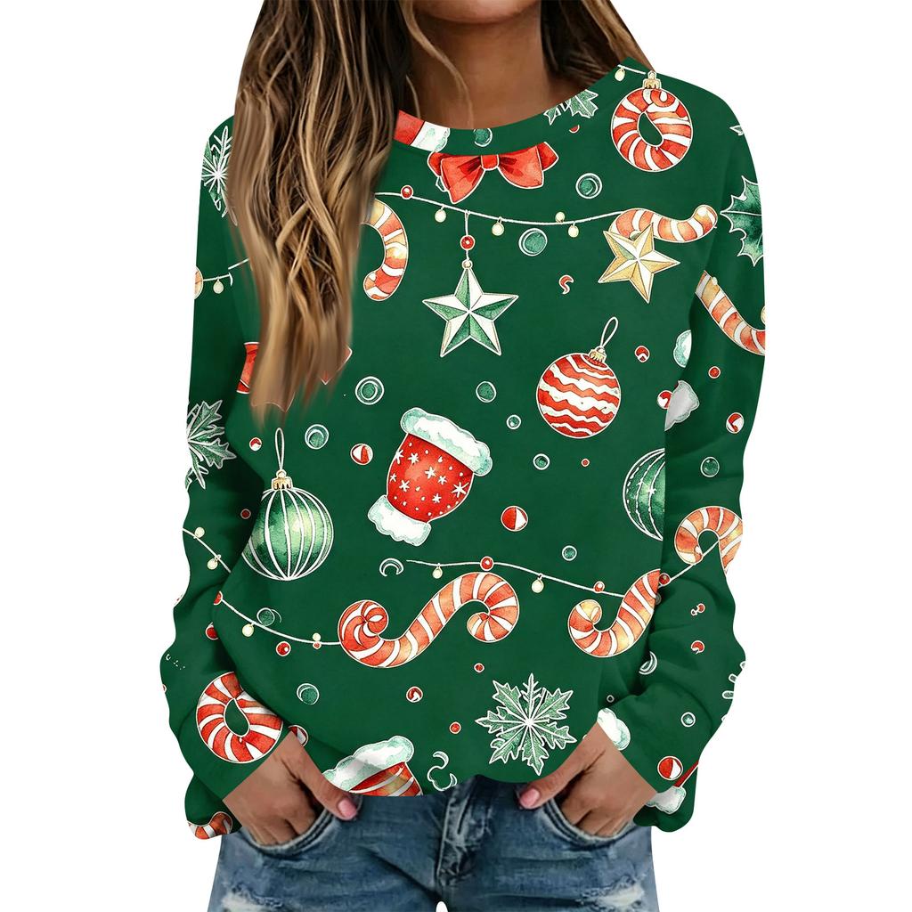 Women's Casual Long Sleeve Christmas Print Crewneck Top for Holiday Everyday Wear