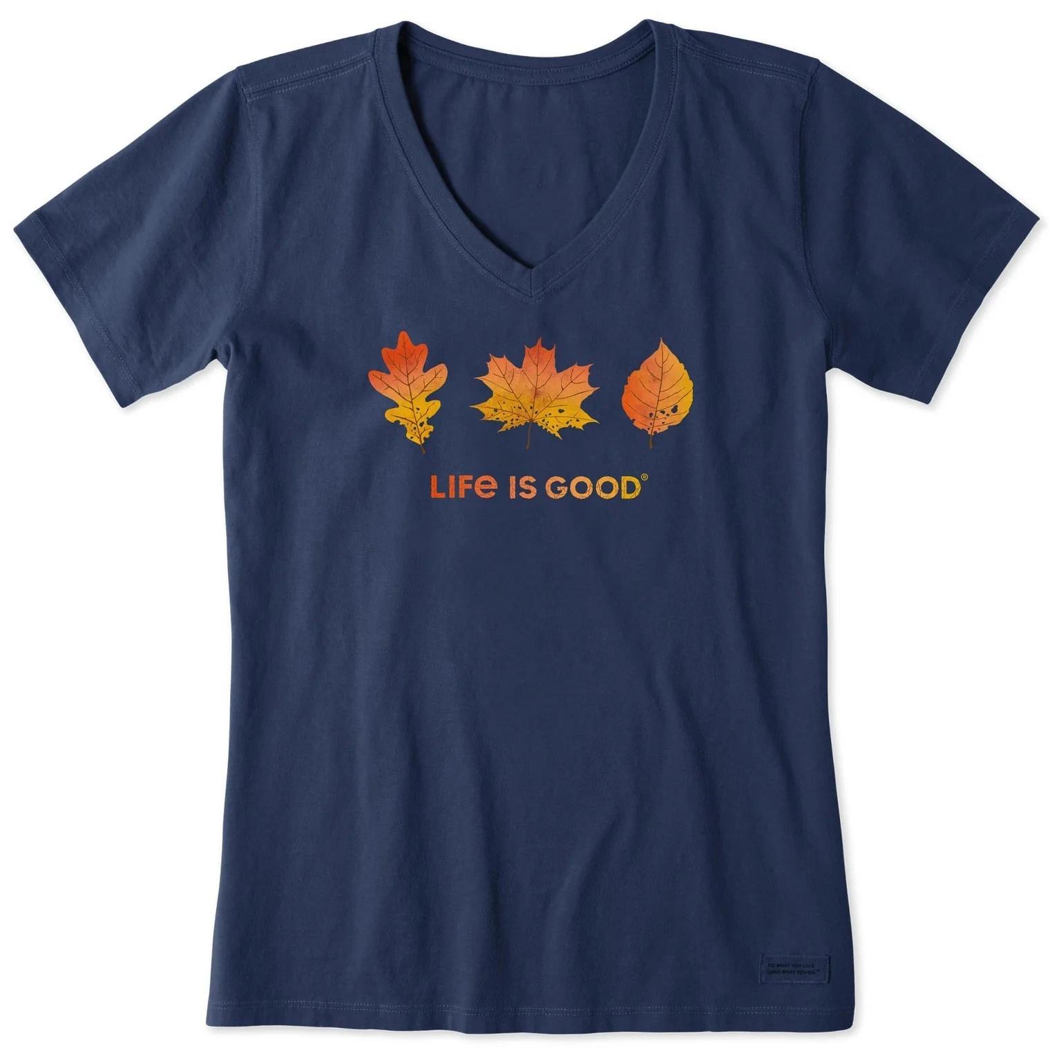 Life is Good. Women s Three Leaves Short Sleeve Crusher Vee, Darkest Blue S