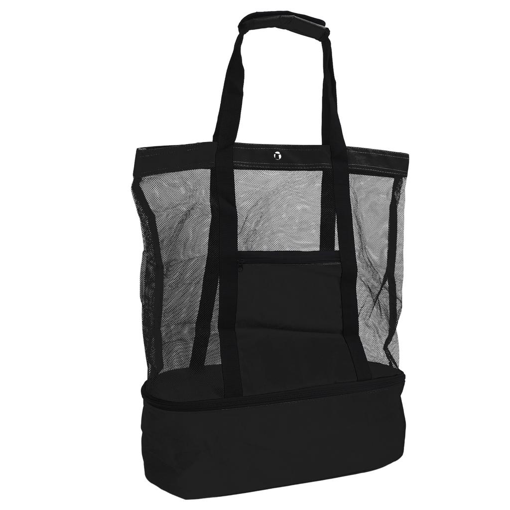 Insulated Beach Mesh Bag Large Capacity Beach Shoulder Bag with Detachable Cooler for Picnic Camping Travel Black
