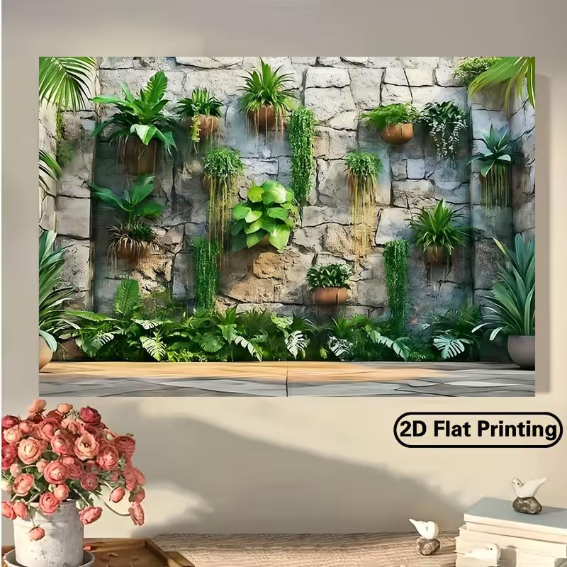 Bohemian Greenery Wall Tapestry, Potted Tropical Plants On Stone Wall Hanging for Backyard Decoration