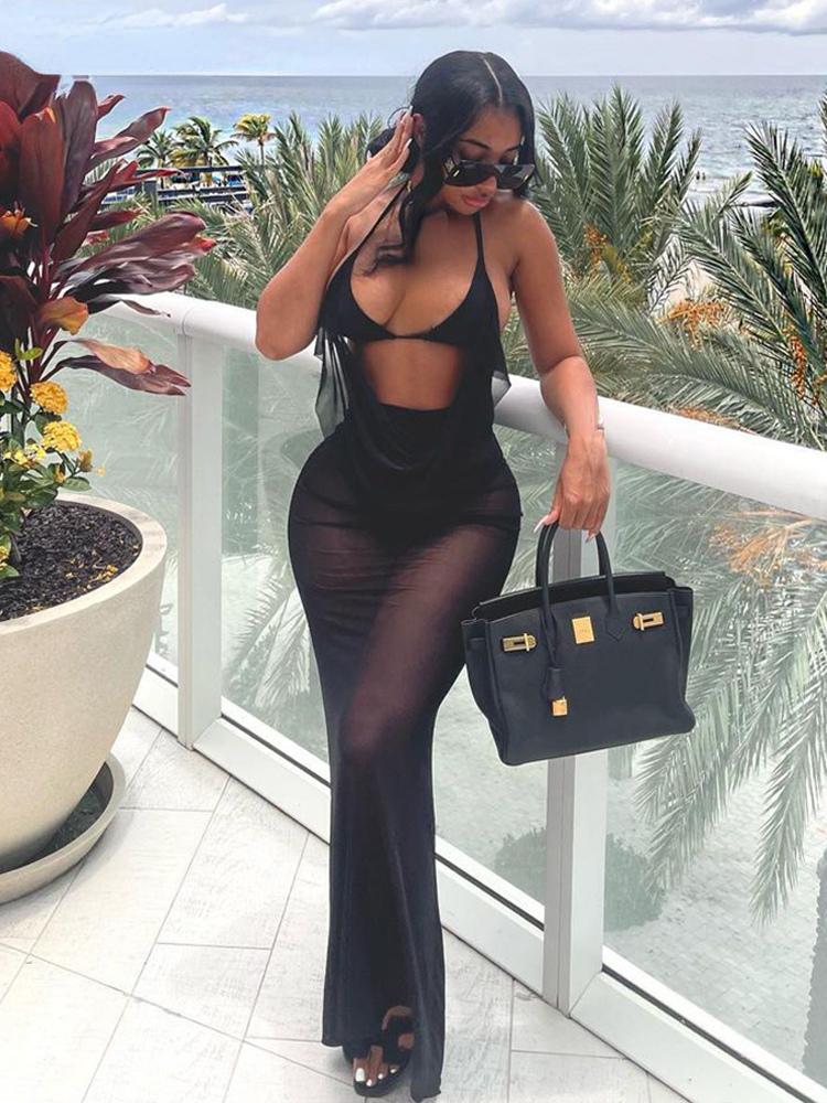 Netz Sexy Heiß Vintage Gothic Grunge Sets Lässig Elegant Neu Durchsichtig Damen Sommerkleidung Schwingender Hals Einfarbig Weiblich Mitternachts-Outfits