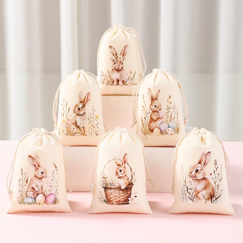 6pcs Drawstring Gift Bags, Cute Rabbit Bunny & Flowers Drawstring Candy Gift Bags Sack Bag, for Holiday Presents, Spring Indoor