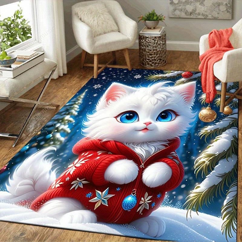 1pc Christmas White Cat Print, Design Indoor Area Rug - Soft, Anti-Slip, and Durable Gaming Room Decor for Bedroom