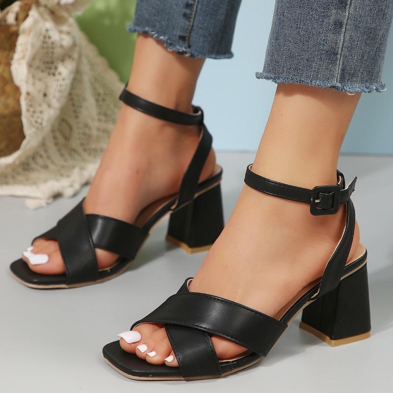 

Модные римские женские сандалии 2024 года, новые летние с одной линией ремешка, большие полые толстые каблуки, квадратные каблуки, высокие каблуки, Zapatos De Mujer 42 чёрный