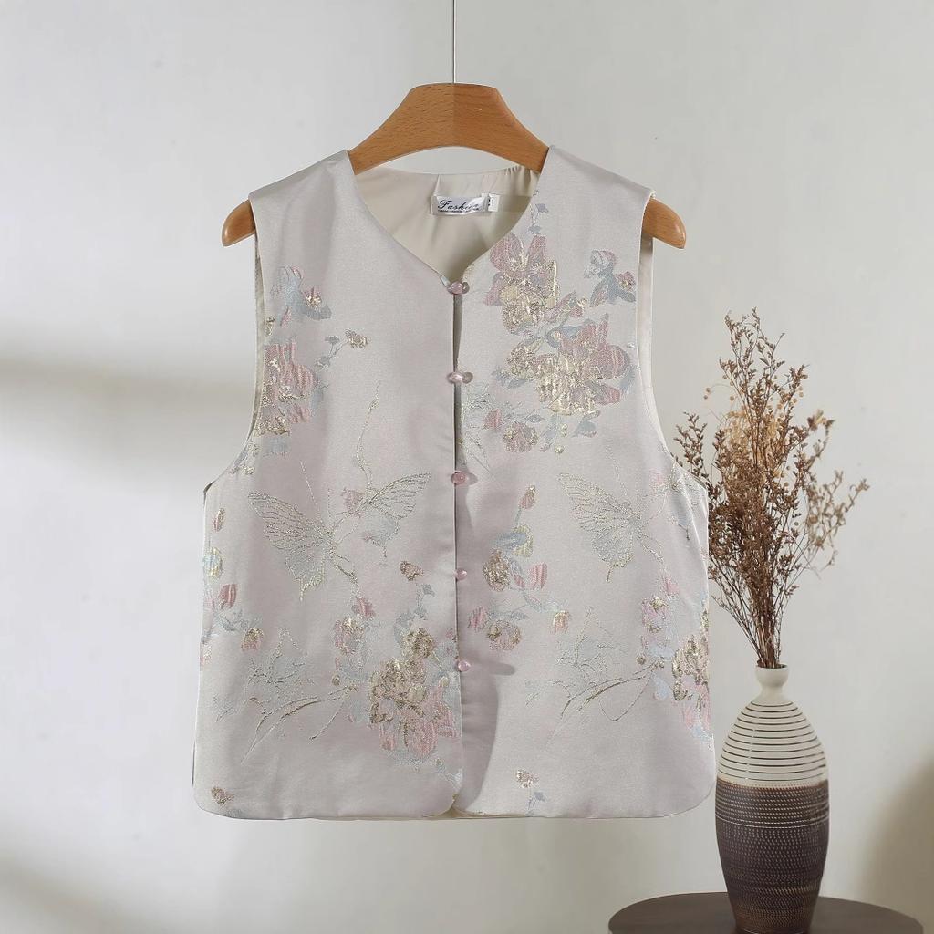 Vintage Schnalle kleiner runder Ausschnitt Jacquard Brokat Webart goldbestickte Weste Damen Frühlingsoberteil