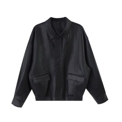 Womens Black PU Leather Jacket Vintage Style Loose Fit Long Sleeve Casual Outerwear