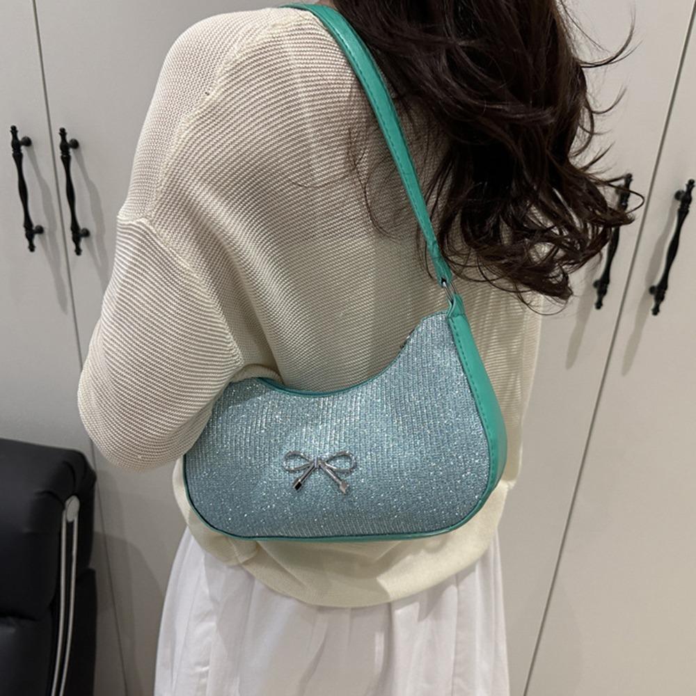 Shiny Underarm Tote Bag Solid Color Women Handbag Fashion Bowknot Shoulder Bag  Girls