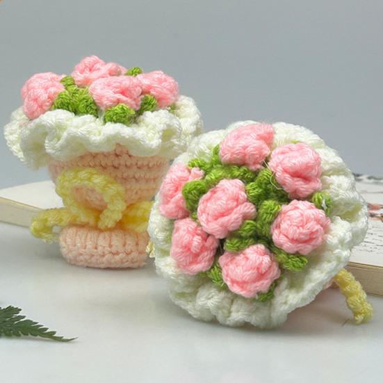 Crochet Rose Flower Bouquet Decoration Handmade Knitting Floral Ornament Finished Hand Woven Flower Table