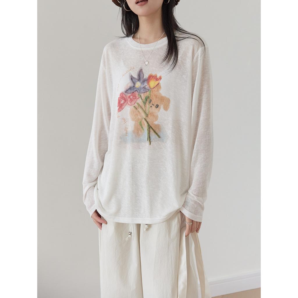 Retro printed Tencel sunscreen shirt women's summer light and slightly transparent long-sleeved T-shirt lazy loose air conditioner blouse white