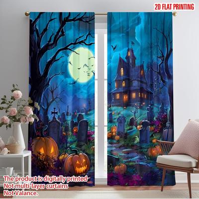 2pcs,2D Plane Printing Curtain Popular Halloween Scary Night Versatile 100% Polyester (without Rod) Outdoor Decorations Ldeal