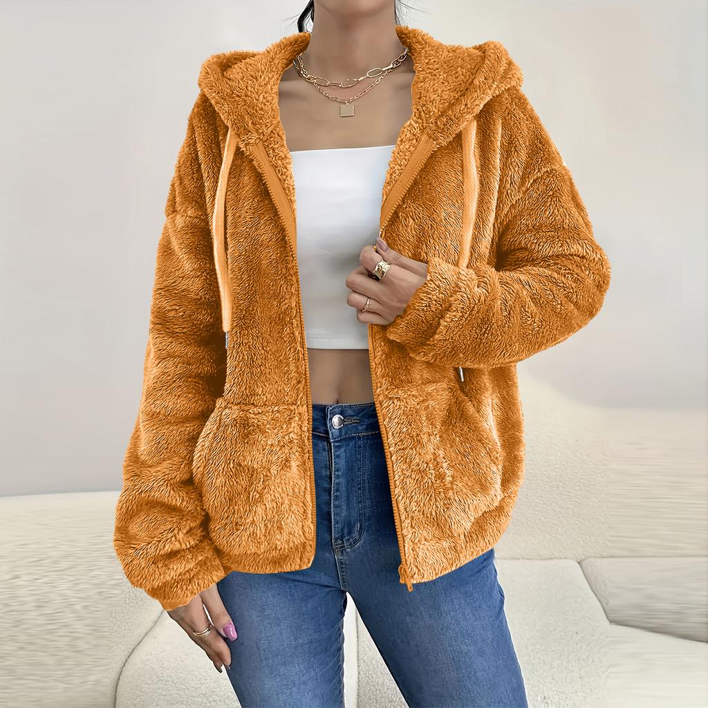 Women's Color Hooded Zip Up Cardigan with Pockets Loose Fit Coat