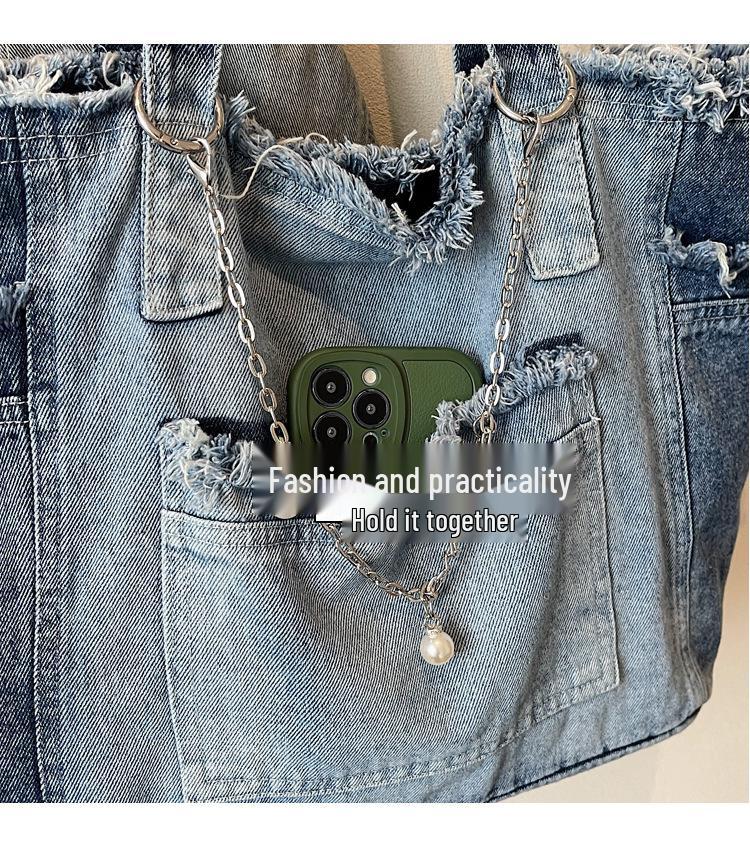 Niche Raw Edge Denim Tote Bag 2025, Women's Large Capacity Commute Shoulder Bag with Fashion Silk Scarf