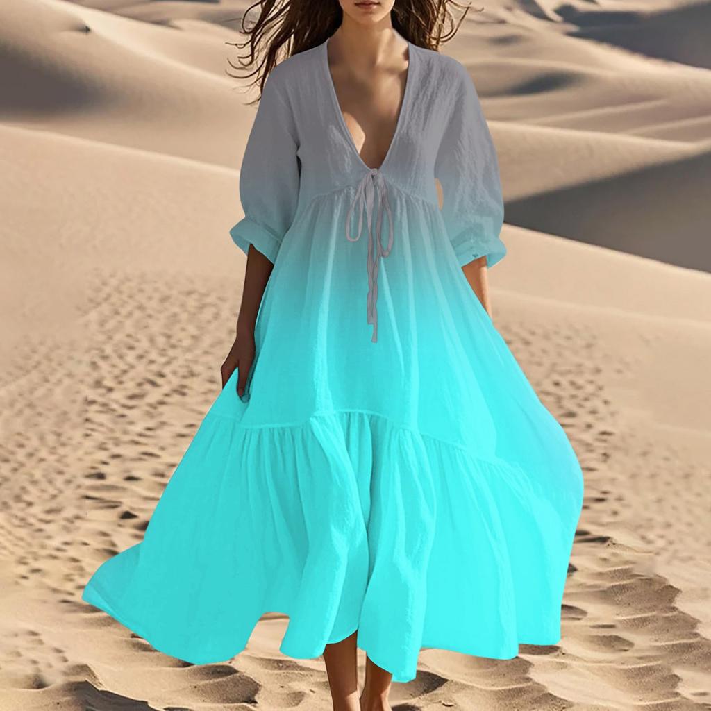 Women's Summer Fashion V-Neck Beach Long Gradient Printed Lace-Up Splicing Dresses