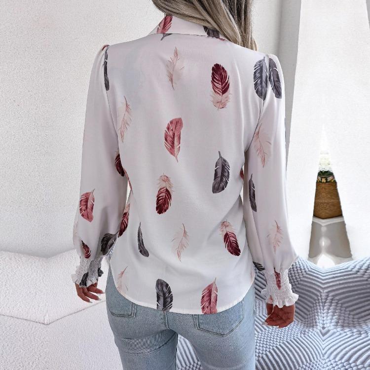 Ladies Fashion Women Polo Shirt Single Breasted Feather Lantern Sleeve Tops Spring Summer Temperament