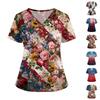 Women's Fashion V Neck Short Sleeve Work Shirt with Pockets Side Slit Hem Independence Day Print Top Nurse Uniform