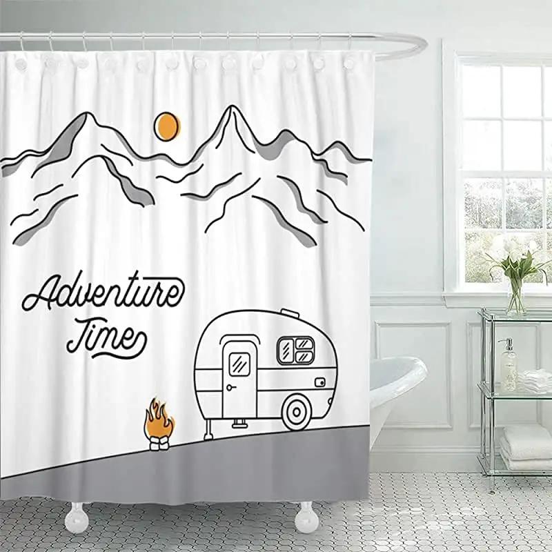 

Camper Trailer Shower Curtain For Camping Bathroom Curtain Bear Campfire And Forest Silhouette Bathtub Screen With 12 Pcs Hooks W60H190(CM)-1 Pcs