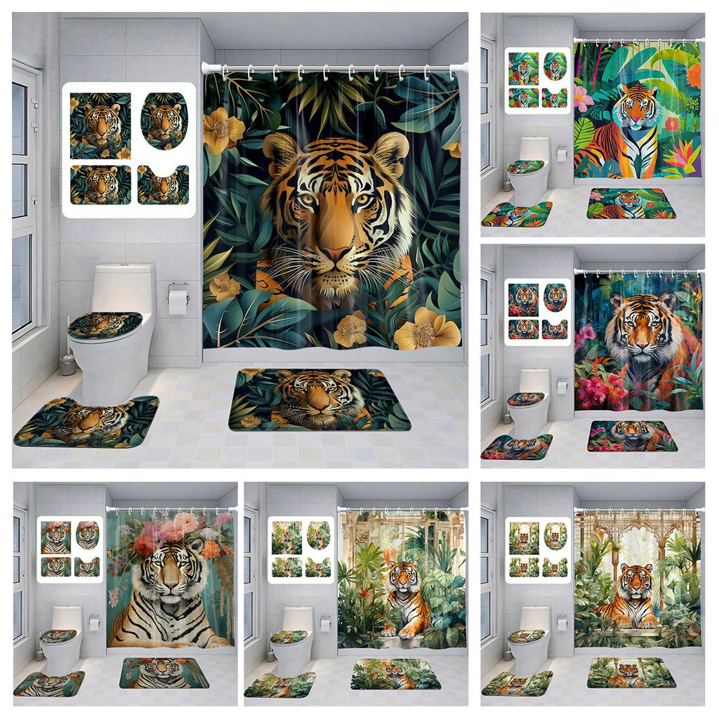 Animal Theme Printed Shower Curtain Suit Polyester Moisture-Proof Bathroom Curtain Bathroom Accessories Non-Slip Floor Mat