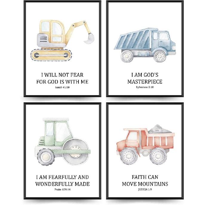 ETVISO Toddler Boy Room Decor Set of 4, Kids Wall Art pirational Bible Verse Wall Decor, Tool Car Poster for Baby Boys Kids Room Bedroom Playroom