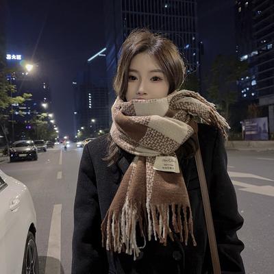 Winter Splicing Color Matching Plaid Long Thickened Fringed Warm Scarf Female Scarf Couple Student