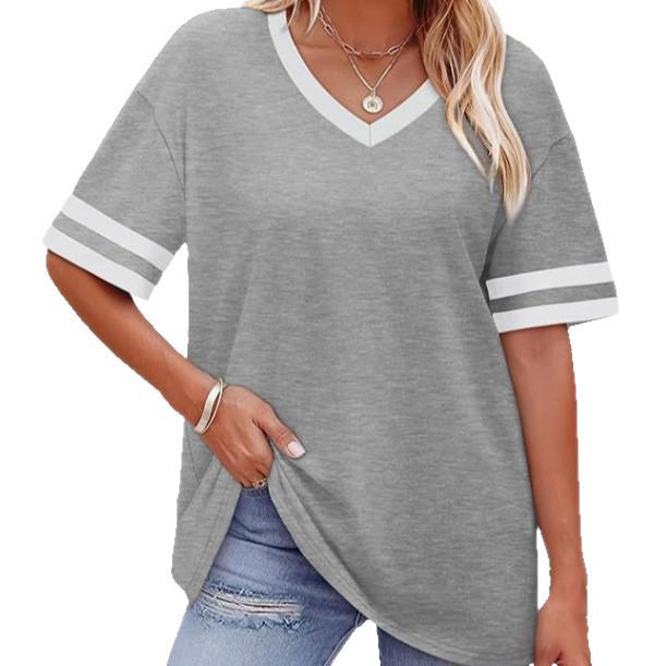2026 Women's V-Neck Striped Color Block Loose Casual Sports Top