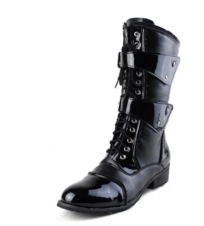 

Модные мужские рыцарские сапоги Сапоги до середины голени из лакированной кожи Длинные военные сапоги для мужчин Водонепроницаемая рабочая обувь Мужские зимние сапоги на платформе 38 чёрный