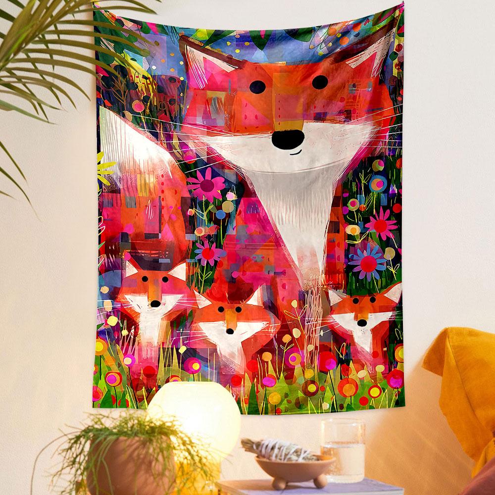 Colorful Fox Family In Blooming Meadow Patterned Tapestry Home Decor, Suitable for Bedroom and Living Room, Gift