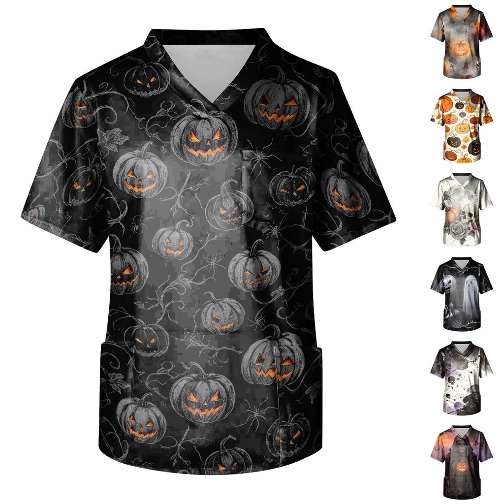 Men's Halloween Print V-Neck Scrub Top with Pockets Short Sleeve