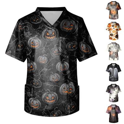 Pánský zdravotnický top s halloweenským potiskem, výstřihem do V a kapsami, krátký rukáv