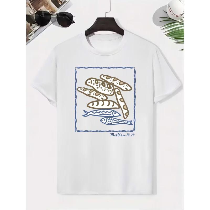 European sizes Boys Creative T-shirt with Bread and Fish Print Design, Perfect for Summer 98cm белый