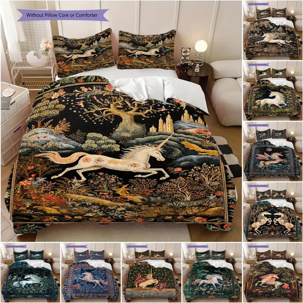 Medieval fairy tale aesthetics unicorn bedding, duvet cover, pillowcase, home decoration, birthday gift (1 * duvet cover+2 * pillowcase, coreless)