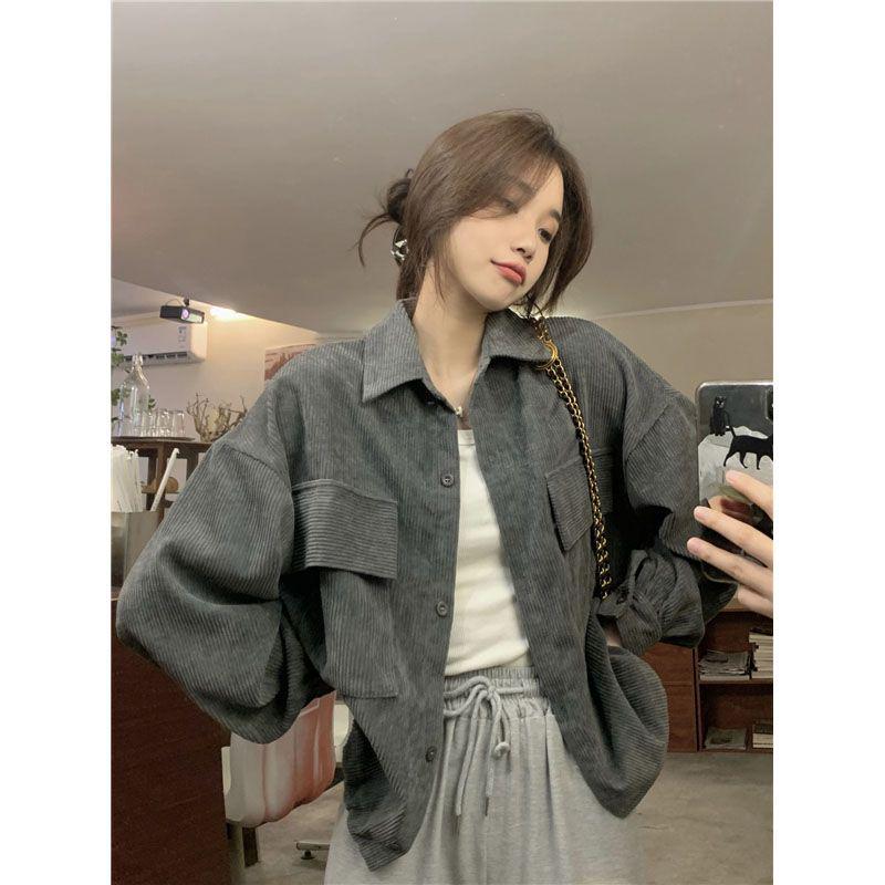 2025 Korean Style Corduroy Shirt Jacket: Autumn Winter Lapel Cardigan for Women