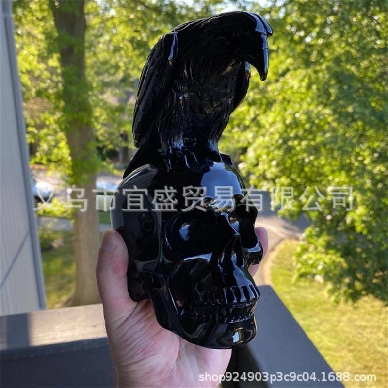 Gothic Skull And Crow Resin Statue Black Halloween Horror Skeleton Bird Figurine For Outdoor Garden Home Tabletop Decoration