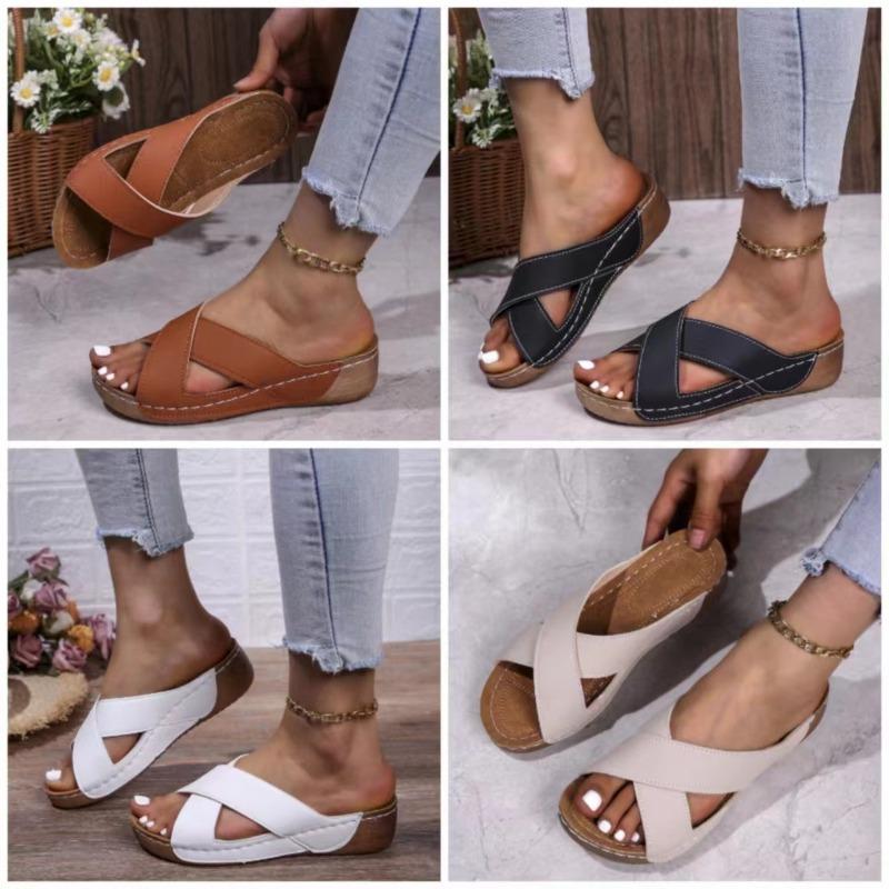 Women's Shoes Wedge Heel Platform Slippers Women's Round Head Casual One-pedal Solid Color Cross-heel Cool Slippers