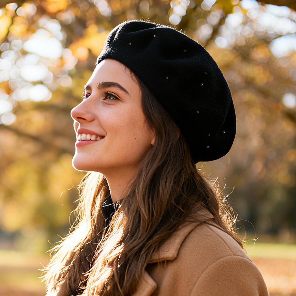 A Women's Beret Knitted Woolen Hat with Autumn and Winter Thick Ear Protection Wool Hat and Shiny Diamond Decoration