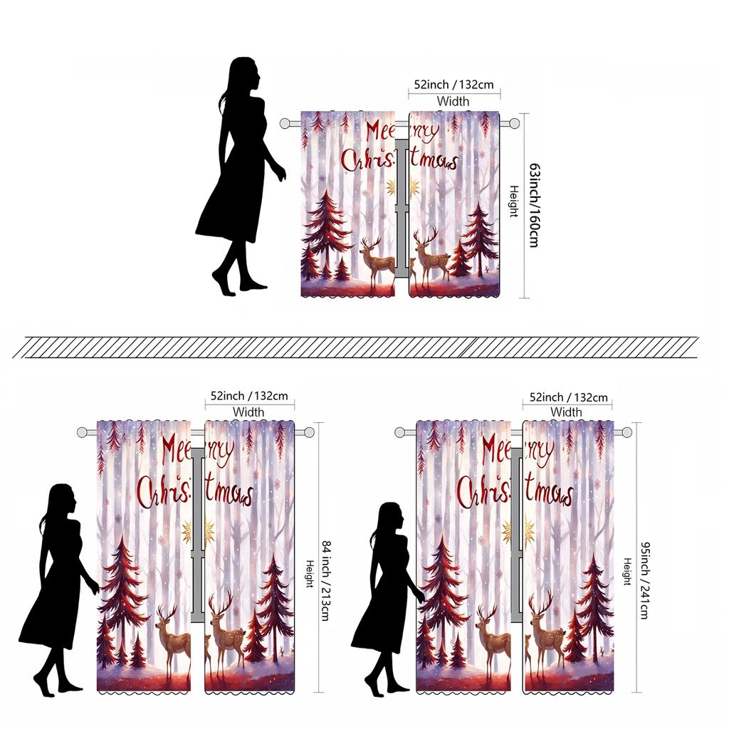 2-piece HD Digital Brown Tie Christmas Snow Elk Curtain Home Decoration Style Decorate Living Room Bedroom Through Rod Curtain E
