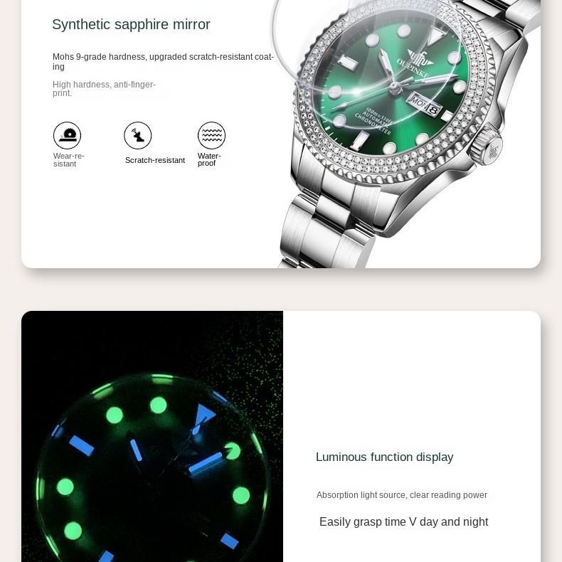 OUPINKE Brand Small Green Watch Light Luxury Diamond Set Fashion Trend Luminous Machine Watch Women Watch Women